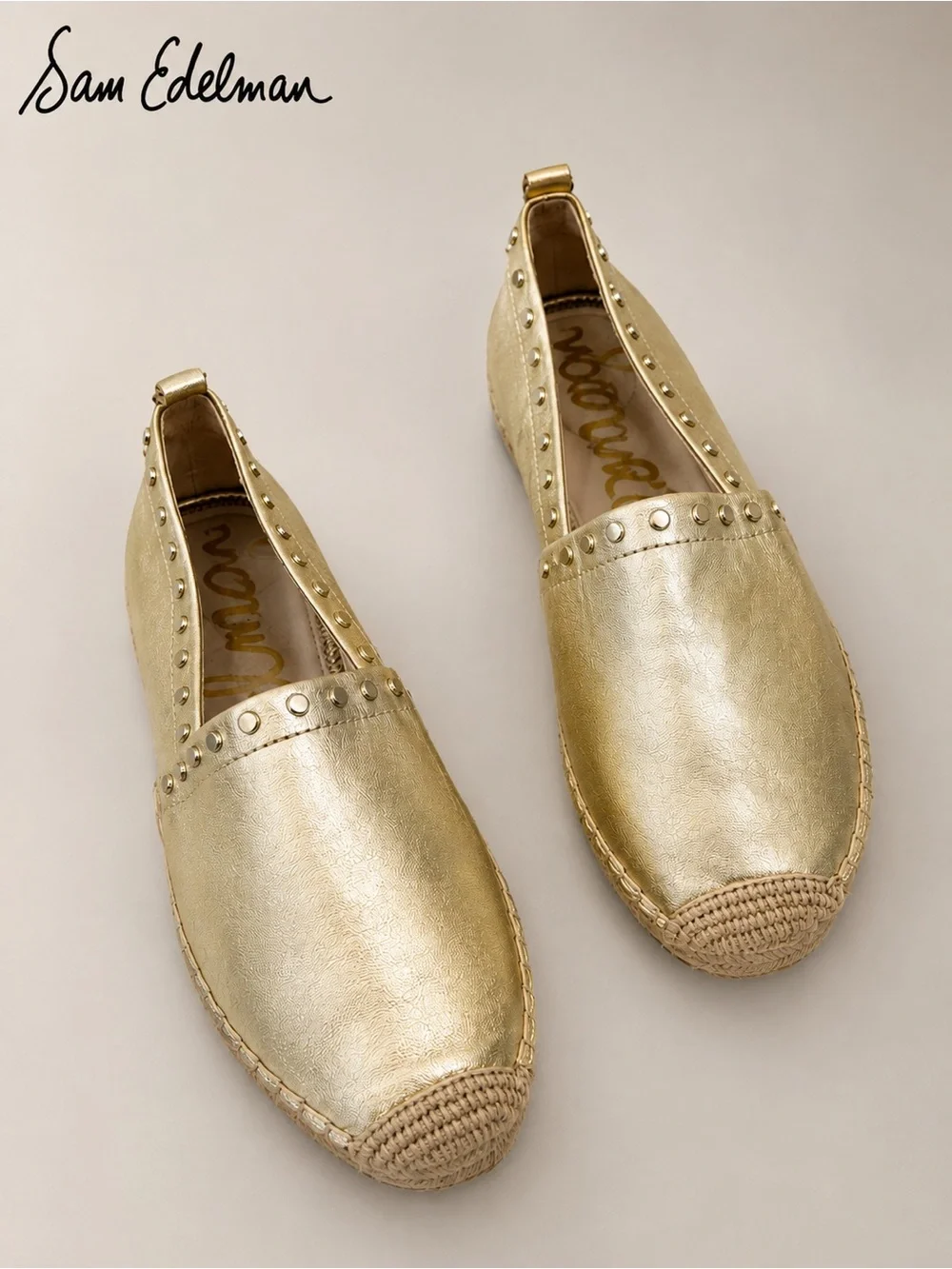 Sam Edelman Metallic Gold Studded Espadrille Flats – Size 10 NWOT